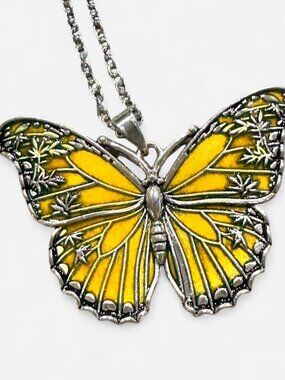 Yellow Butterfly Pendant Necklace Silver Tone 16" Chain